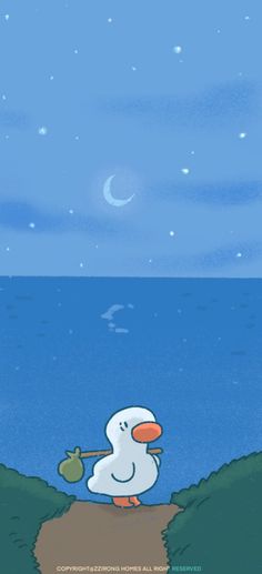 a cartoon duck is standing on the edge of a cliff looking at the moon in the sky