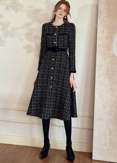 Shirley Black Long Sleeve Plaid Tweed Midi Dress Tweed Midi Dress, Dress For Winter, Sophisticated Women, Dress Item, Dress Long Sleeves, Exclusive Dress, Tweed Fabric, Long Sleeve Plaid, Ravenclaw