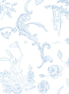 a blue and white wallpaper with rabbits, flowers, and plants on it's side