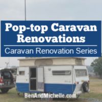 a blue and white camper with the words pop - top caravan renovations caravan renovation series