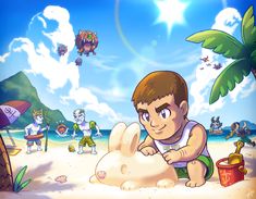 a cartoon boy playing with an animal in the sand at the beach while others watch