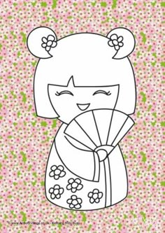 a drawing of a girl with flowers on her hair and holding a fan in her hand