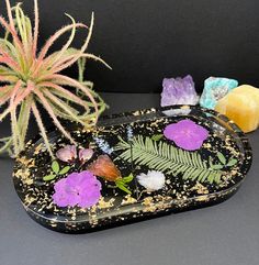 there is a tray with flowers and plants on it