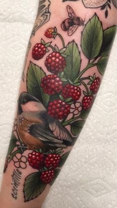 a bird and berries tattoo on the arm