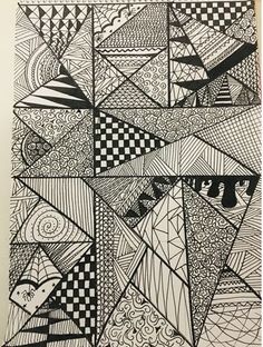 a black and white drawing on paper with geometric shapes in the middle, all over it