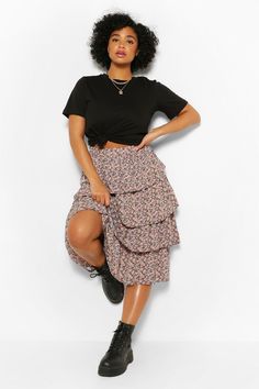 Plus Floral Tiered Ruffle Midi Skirt | boohoo Plus Size Business Attire, Ruffle Midi Skirt, Colour Clash, Latest Skirts, Online Closet, Flowing Skirt, Black Midi Skirt, Plus Size Skirts, Full Circle