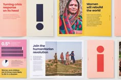 an assortment of brochures with different colors and designs on them, including women's rights