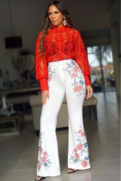 Harper Flower Print High Waist White Bell Bottom Pants White Bell Bottom Pants, Corporate Dress, Fashion Tops Blouse, Zara Fashion, Stylish Work Outfits, Bell Bottom Pants, African Design Dresses, Plus Size Maxi Dresses