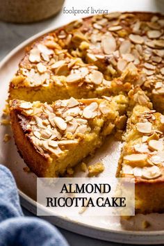 almond ricotta cake on a plate with text overlay