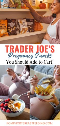 a pregnant woman holding a bowl of fruit and cereal in front of a shelf full of snacks