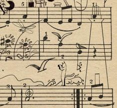 an old sheet music with musical notes and animals on it, as well as birds