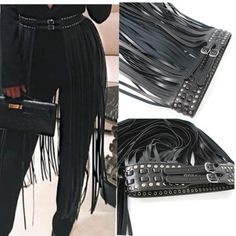 Long Fringed Rivets Rope Girdle Belt [2974245100] Faux Skirt, Cincher Belt, Fringe Belt, Fringed Belt, Europe Fashion, Faux Leather Belts, Skirt Belt, Festival Looks, Black Leather Belt