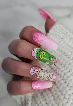 Hand painted press on nails.  10 nails  Nail prep kit: glue,file,cuticule pusher, buffer, and an alcohol wipe. Pink Grinch Nails, Crazy Christmas Nails, The Grinch Nail Art, Christmas Theme Nails, Christmas Nails Grinch, Holiday Nails Pink, Grinch Christmas Nails, Grinch Nails, Pink Christmas Nails