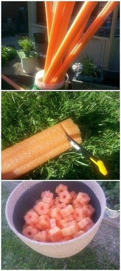 carrots are being cooked in a bowl and then cut into smaller pieces with a knife