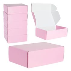 pink and white boxes are stacked on top of each other, with one empty box in the middle