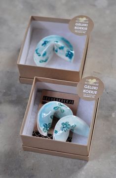 two blue and white porcelain donuts in a box