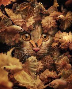 a cat that is surrounded by flowers and fish in it's mouth, looking at the camera