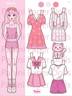 the paper doll is wearing pink clothes and has a teddy bear on her chest,