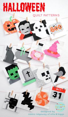 halloween quilt patterns hanging on clothes pins with text overlay that reads,'halloween quilt patterns '