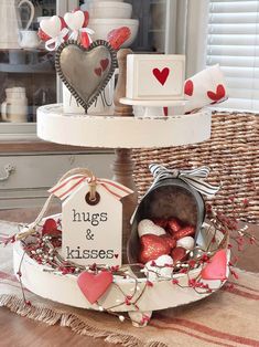 valentine's day gift basket with i love you tags and heart decorations on it