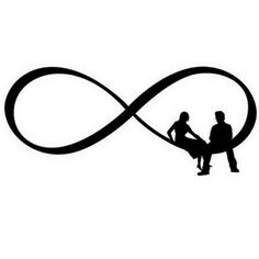 two people are sitting on a bench in front of an infinite sign with the word love