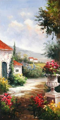 a painting of a house with flowers in the foreground and a path leading to it