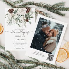 an orange slice next to a card with the words save the date on it and two photos