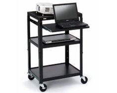 a laptop computer sitting on top of a black cart