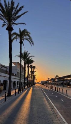 the sun is setting behind palm trees on the side of the road in front of buildings