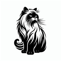 a black and white drawing of a cat with long hair on it's face