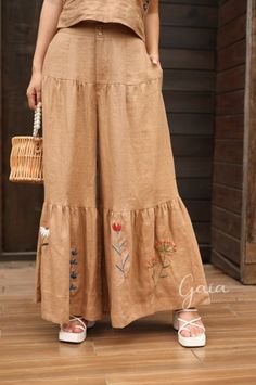 Embroidered Linen Pants, Tiered Linen Pants, Wide Leg Pants, Linen Palazzo Pants, High Waisted Pants, Flowy Linen Pants, Embroidered Pants - Etsy Summer Embroidered Beige Pants, Embroidered Beige Wide Leg Pants, Embroidered Wide-leg Beige Pants, Embroidered Wide Leg Beige Pants, Bohemian Embroidered Beige Bottoms, Beige Bohemian Embroidered Bottoms, Beige Floral Embroidery Pants For Summer, Bohemian Straight Pants With Floral Embroidery, Bohemian Floral Embroidery Pants For Summer