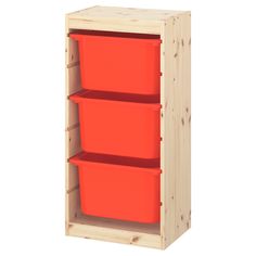 a wooden shelf with three red bins on it's bottom and two shelves below