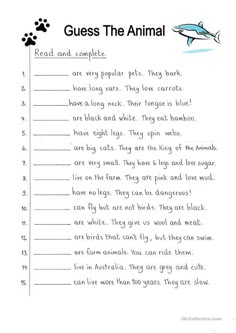 an animal worksheet with the words guess the animal on it's back