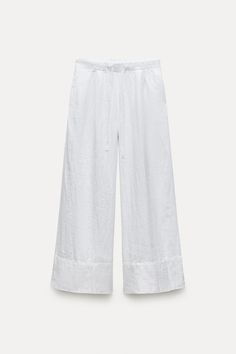 100% LINEN PALAZZO PANTS ZW COLLECTION - Oyster-white | ZARA United States Linen Summer Pants For Daywear, Summer Linen Pants For Daywear, Elegant Linen Wide Leg Pants With Elastic Waistband, Relaxed Fit Wide Leg Linen Pants For Daywear, Elegant Wide Leg Linen Pants With Elastic Waistband, Linen Wide Leg Pants For Daywear, Wide Leg Linen Pants With Tie Waist, High-waisted Linen Wide Leg Pants For Daywear, Elegant Linen Bottoms For Vacation