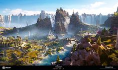 an artist's rendering of a futuristic city surrounded by mountains and rocks, with the sun shining on them