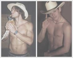 two pictures of a shirtless man wearing a cowboy hat and holding a bird in his right hand