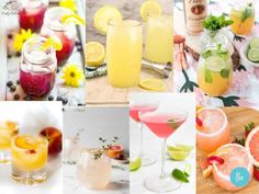 two glasses filled with ice and fruit on top of a wooden table next to other drinks