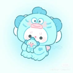 a drawing of a blue bear holding a baby in its arms and looking at the camera