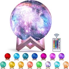 an image of a colorful light up ball with different colors and shapes on it's stand