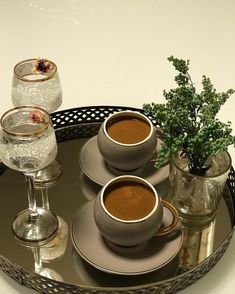 three cups of coffee sit on a tray with two glasses and a potted plant