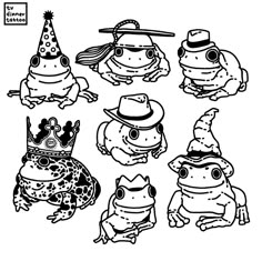 some cartoon characters with hats on and one frog wearing a hat, the other in a costume