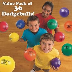 two boys and one girl are standing in front of balls with the words value pack of 3 dodgeballs