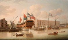 an old painting of boats and people in the water near buildings with flags on them