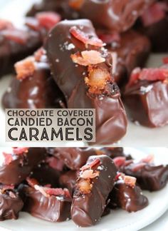 chocolate covered candied bacon caramels on a white plate with text overlay