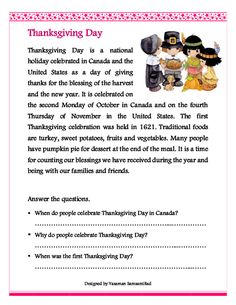 thanksgiving day worksheet for kids with pictures and text on the page, which is also