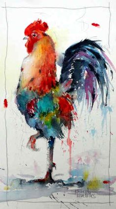 a painting of a rooster standing in front of a white wall