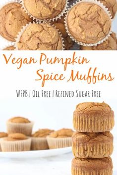 vegan pumpkin spice muffins stacked on top of each other with text overlay