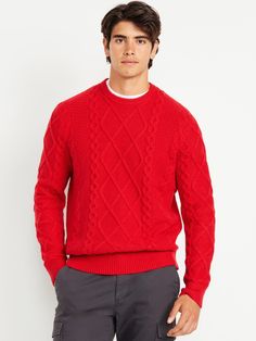 crew neck long sleeves cable-knit pattern rib-knit trim pullover style relaxed fit hits at hip model is approx.  6'1" and wears size m  . Best Holiday gift for Men , perfect Sweaters for Christmas! Red Turtleneck Outfit, Mens Red Sweater, Sweater Outfits Men, Whoville Christmas, Red Turtleneck, Pajamas Gift, Old Navy Men, Holiday Party Outfit, Cable Sweater