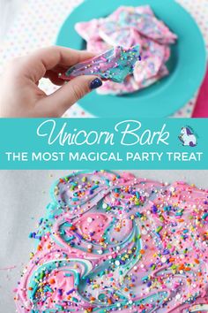 unicorn bark party treat with sprinkles on top and the words unicorn bark next to it