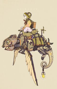 a drawing of a woman riding on the back of a flying animal with wings and an eye patch